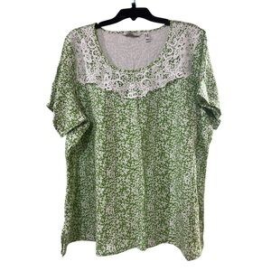 NWOT Isaac Mizrahi Green Floral Lace-Trim Scoop Neck Top